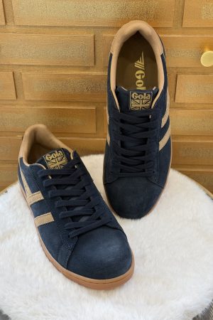 Basket homme Gola Equipe II Suede bleu marine et caramel, sneaker rétro en cuir velours élégante et confortable