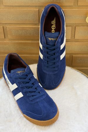 Basket homme Gola Harrier Suede bleue et blanche, sneaker rétro en cuir velours confortable et intemporelle